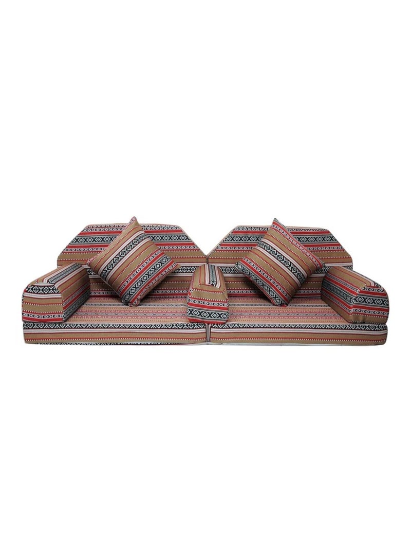 اكس بوت Traditional Arabic Majlis Floor Seating Sofa Set 1  Geometric Design  Bring warmth, tradition, and comfort into your home with this Traditional Arabic Majlis Floor Seating Sofa Set. Inspired by authentic Middle Eastern hospitality, this beautifully designed floor sofa features classic red geometric patterns that create an inviting and elegant atmosphere for any majlis or living space.  The low-profile floor seating design offers relaxed comfort, while thick seat cushions and supportive back and arm cushions ensure long-lasting comfort for daily use or special gatherings. Ideal for Ramadan, family evenings, and cultural décor, this majlis sofa blends heritage style with modern comfort - Image 3
